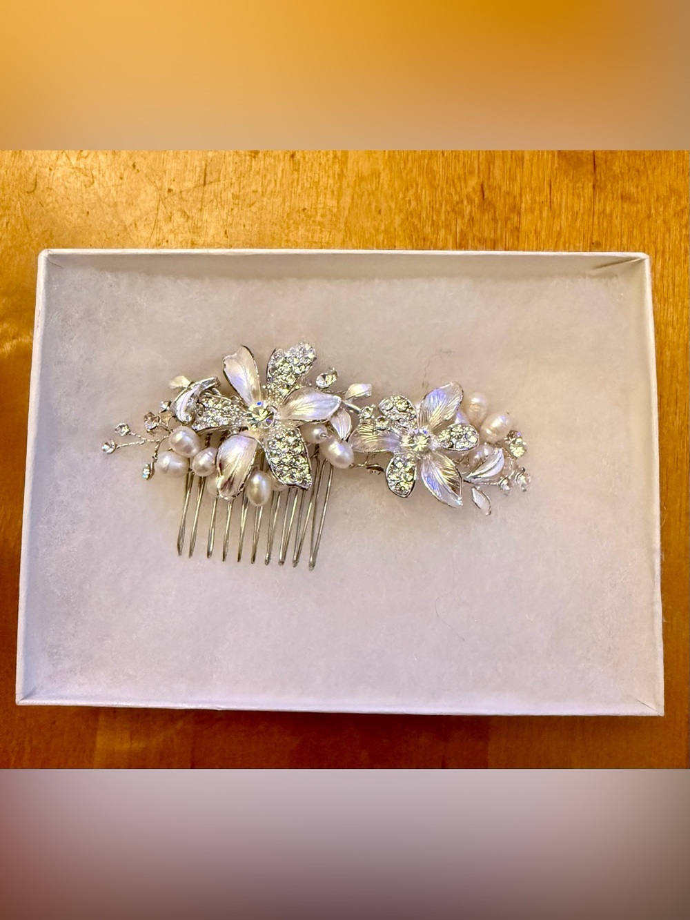 Silver Crystal and Pearl Floral Hair Comb for Women